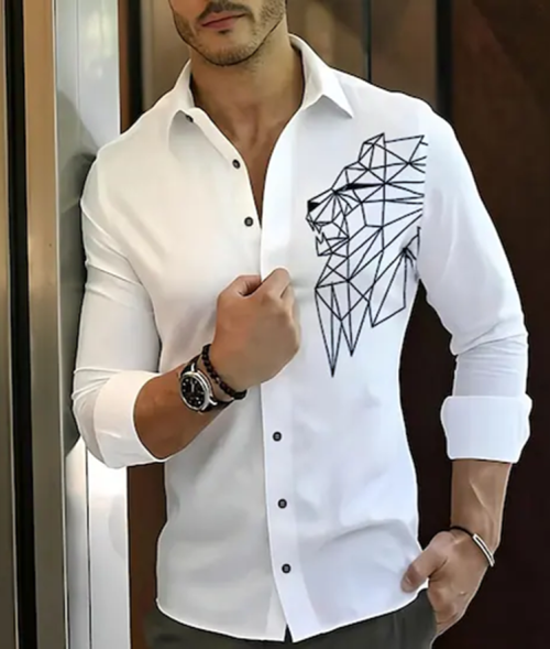 Men’s Geometric Lion Print Slim-Fit Button-Down