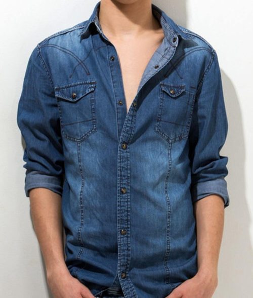 Men’s Slim-Fit Distressed Indigo Denim Shirt