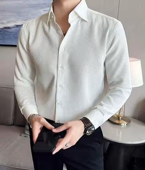 Men’s White Honeycomb Textured Slim-Fit Shirt